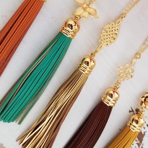 Long Leather Tassel Necklace: 16k Gold Plated Chain, Boho Jewelry