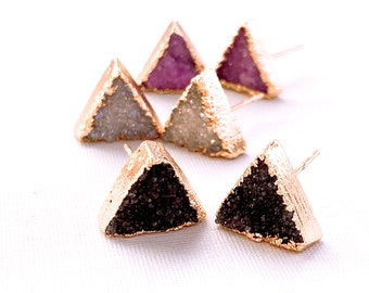 Triangle Druzy Stud Earrings, Triangle stud earrings, Druzy Gold Earrings, Round studs, Womens Gift, Druzy Post Earrings, Gifts for her