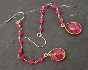 Ruby Dangle Earrings: Gold Plated Brass, July Birthstone