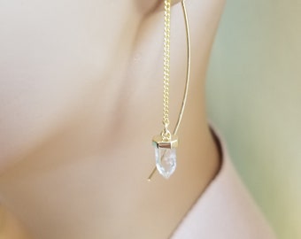 Crystal Quartz Threaders earrings, April Birthstone dangle Earrings, Natural Gemstone Rock Crystal Ear Threaders, Gold statement Jewelry