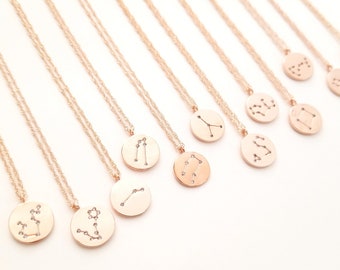 Zodiac Jewelry Celestial Jewelry Constellation Necklace Gift For Women Gold Disk Necklace, Rose Gold Coin necklace, Birthday Gifts for Her