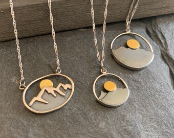 Sterling Silver Mountain Moon Necklace: Celestial Figaro Chain Pendant