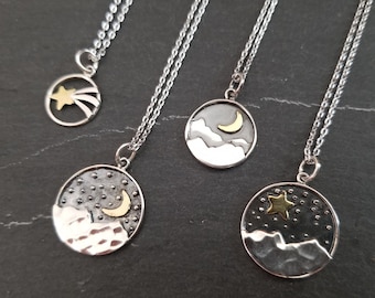 Sterling Silver Mountain Moon Necklace: Celestial Starry Night Pendant