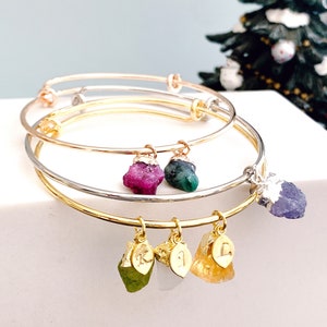 Personalized Birthstone Bangle Bracelet: Raw Gemstone Charm, Initial Leaf