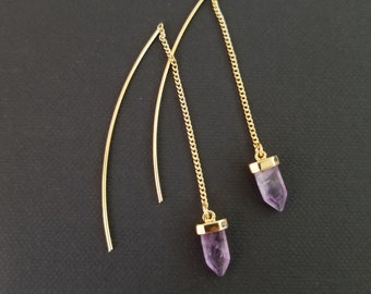 Purple Amethyst Crystal Threaders earrings, February Birthstone dangle Earrings, Natural Gemstone Ear Threaders