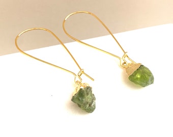 Raw Peridot Earrings: Gold Plated August Birthstone