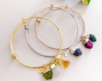Personalized Birthstone Bangle Bracelet: Raw Gemstone Family Tree
