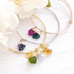 Personalized Birthstone Bangle Bracelet: Raw Gemstone Family Tree Charm