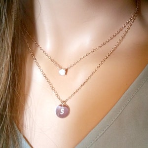 Rose Gold Layered Necklace Set: Initial Disc & Cubic Zirconia