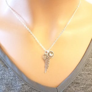 Sterling Silver Angel Wing Necklace: Personalized Initial Charm