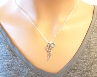 Sterling Silver Angel Wing Necklace: Personalized Initial Charm
