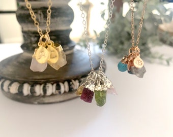 Raw Birthstone Necklace: Personalized Gemstone Jewelry, Initial Leaf Charm