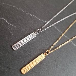 Sterling Silver Moon Phases Bar Necklace: Celestial Lunar Pendant