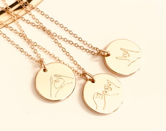 Personalized Hand Gesture Necklace: Gold Coin, Minimalist Jewelry