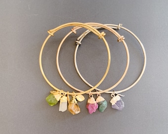 Custom Birthstone Bangle Bracelet: Personalized Initial Charm, Raw Gemstone Jewelry