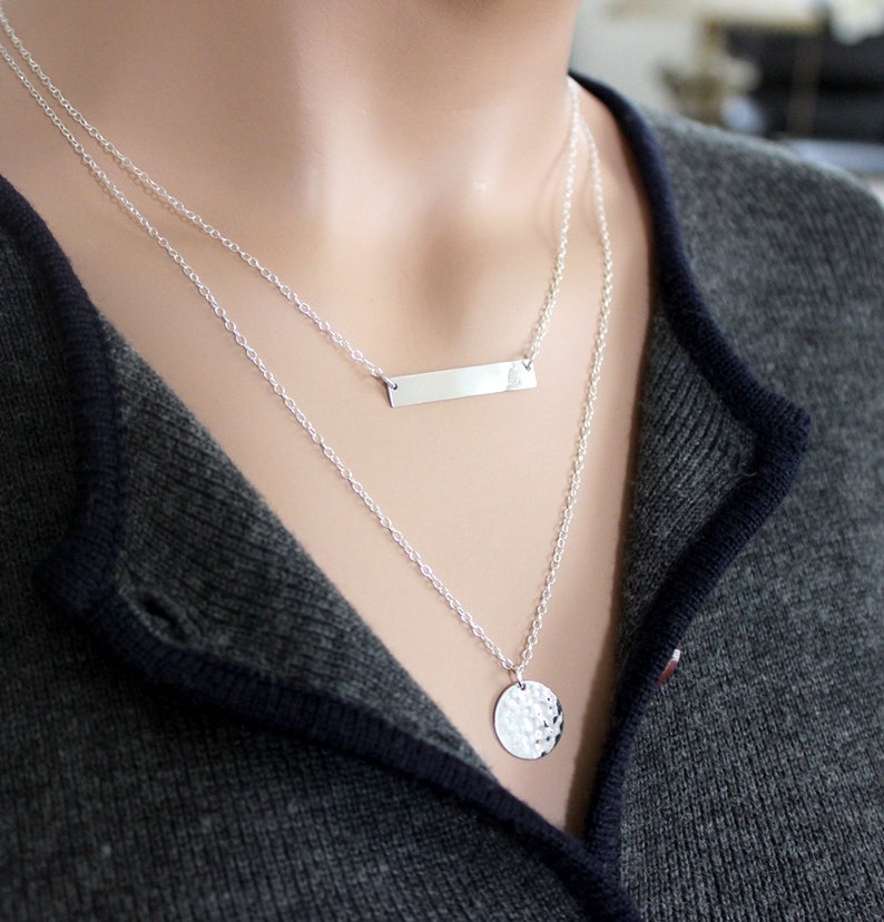 Layered Necklaces / Silver Bar Necklace Silver Hammered Disc Etsy