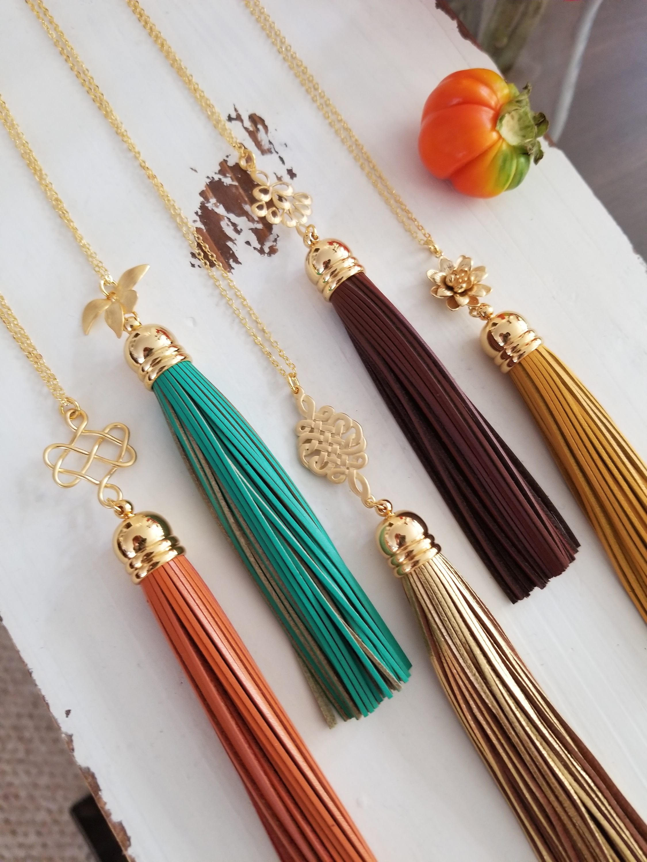 Tassel Necklace. Long Necklace, Leather Tassel Necklace