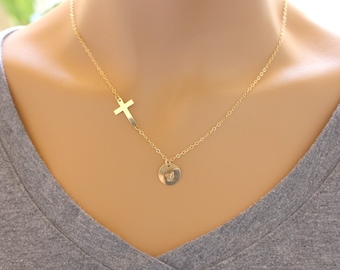 Gold Vermeil Sideway Cross Necklace: Personalized Initial Disc