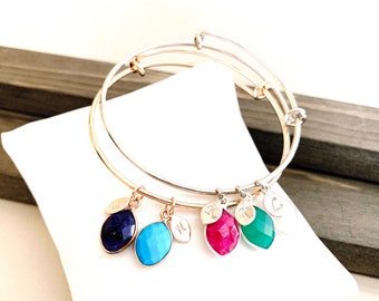 Personalized Birthstone Bangle Bracelet: Raw Gemstone Jewelry, Initial Charms