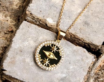 Gold Eye Necklace: Black Onyx & Mother of Pearl Pendant