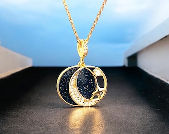 Gold Filled Mond und Stern Halskette: Cubic Zirkonia Anhänger