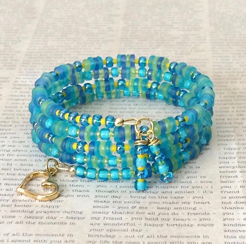 Aqua Memory Wire Bracelet Spiral Multi Wrap Bracelet Boho Statement Bracelet Colorful Bohemian Beaded Layered Bracelet Gypsy Beaded Bangle