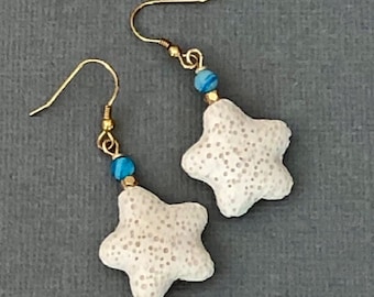 Starfish Earrings Dangle, White Lava Stone Starfish Drop Earrings, Boho Summer Earrings, Beach Earrings, Ocean Starfish Lover Jewelry Gift