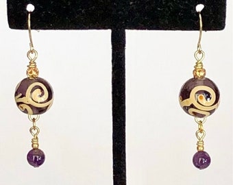 Amethyst Purple Gold Dangle Earrings, Lampwork Glass & Gemstone Earrings, Boho Chic Gold Purple Drop Earrings, Handmade Gifts for Women