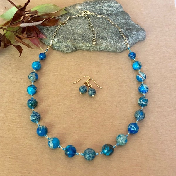 Blue Jasper Gemstone Necklace Set Jasper Bead Necklace Earrings Jasper Jewelry Set Blue Gemstone Bead Necklace Mothers Day Gifts for Mom