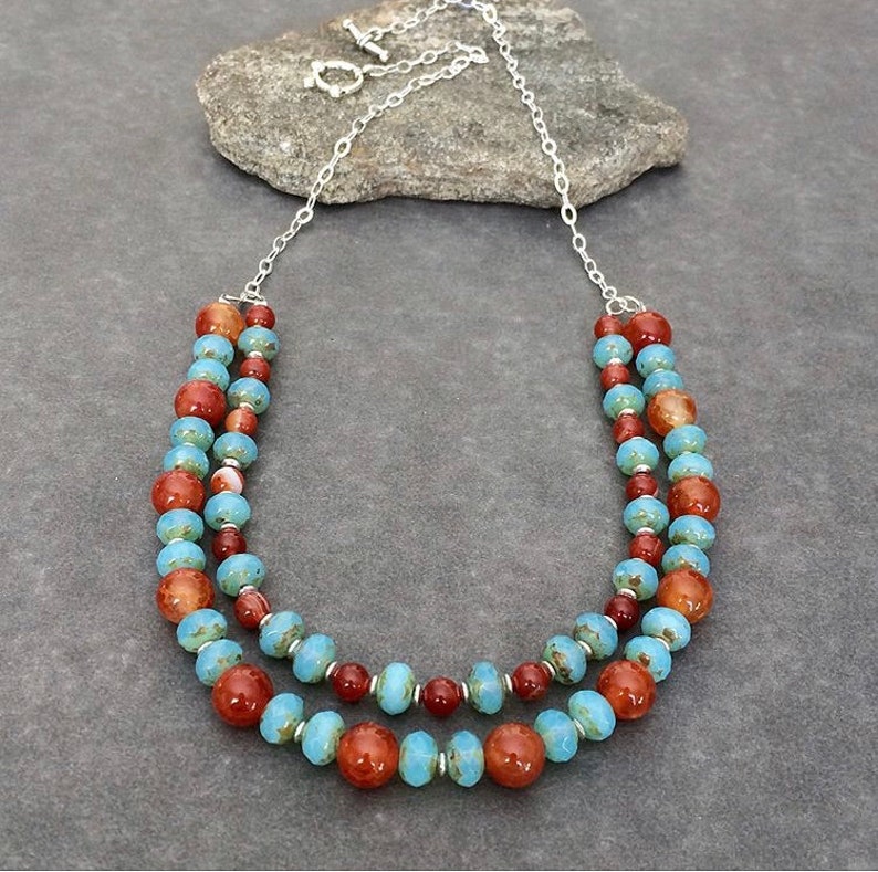 Multistrand Blue// Teal Glass Bead Collar Style Necklace In Silver Tone Metal 4