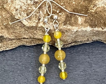 Yellow Earrings, Dangle Yellow Crystal Earrings, Yellow Agate Stone and Crystal Stacked Earrings, Silver and Yellow Drop Earnings, Gift Her