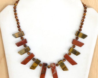 Boho Stone Statement Necklace, Red Jasper and Tiger Eye Gemstone Necklace, Thick Spike Bead Necklace, Fan Bib Necklace, Tribal Style Jewelry