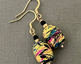 Colorful Earrings, Dangle Multicolor Chunky Earrings, Hand Painted Glass Bead Boho Earrings, Funky, Unique, Handmade Womens Earrings, Gifts