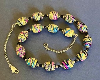 Multicolor Chunky Glass Bead Statement Necklace, Hand Painted, Boho Colorful Splash Design, Gold Chain