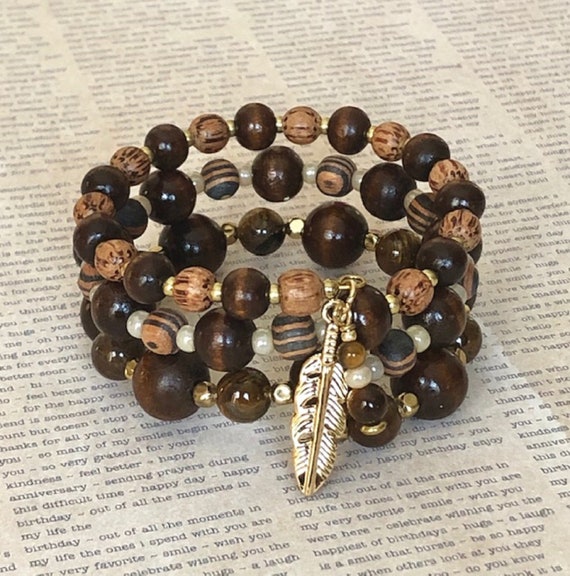 Picture stone jasper gemstone beaded choker necklace wrap memory wire boho hippie brown statement unique jewelry handmade gift for her