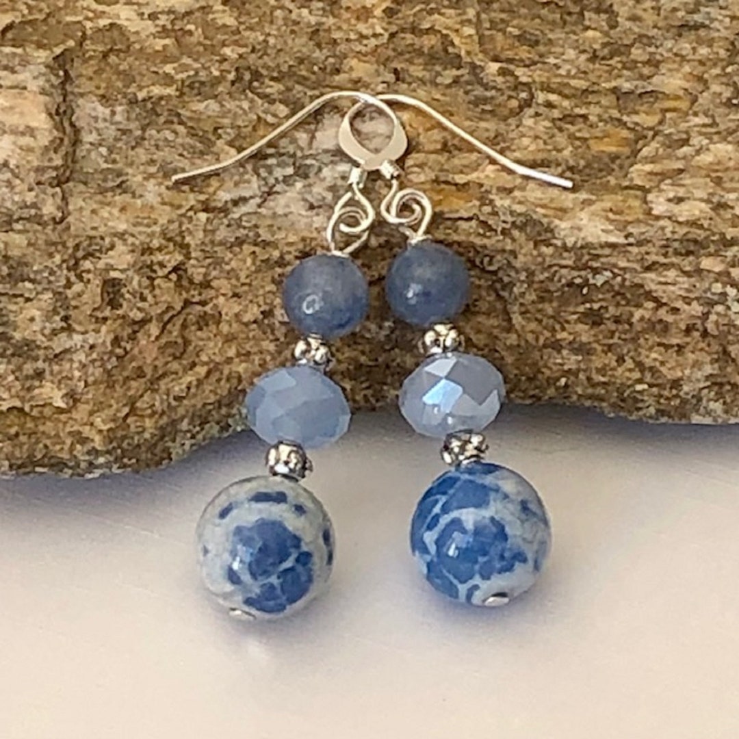 Sky Blue Agate Earrings Dangle Blue Agate Aventurine Silver Etsy