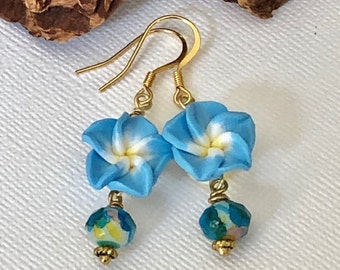 Blue Flower Earrings, Dangle Polymer Clay Earrings, Flower Drop Earrings, Spring Earrings, Flower Jewelry, Mothers Day Gift for Mom