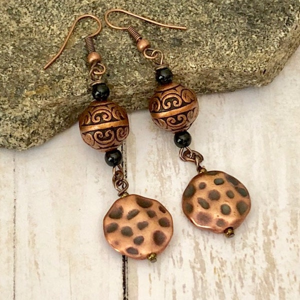 Unique Copper Dangle Earrings Long Copper Earrings Hammered Copper Drop Earrings Round Disc Metal Earrings Rustic Boho Chic Earrings Gift