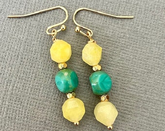 Yellow Stone Earrings, Dangle Yellow Quartz Earrings with Green Czech Bead, Gold Earrings, Birthday Gift for Women, Mothers Day Gift for Mom