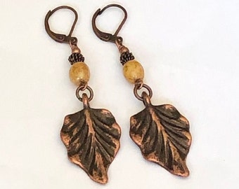 Copper Leaf Dangle Earrings, Long Boho Copper Leaf Earrings, Drop Earrings, Leaf Jewelry, Boho Copper Jewelry, Lever Back Earrings, Handmade