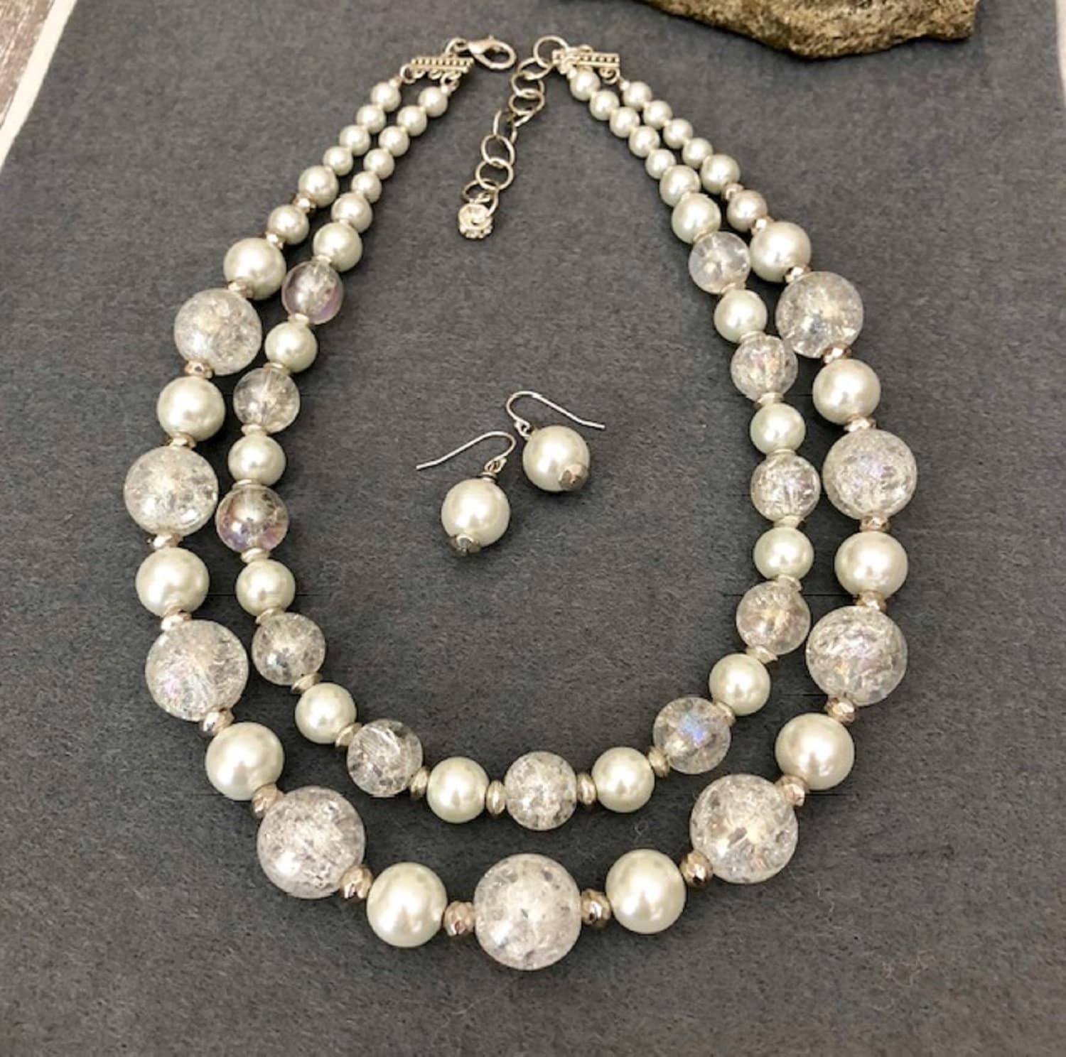 Red Beaded Pearl Multi Layered Strand Statement Chunky Jewelry Necklace Set