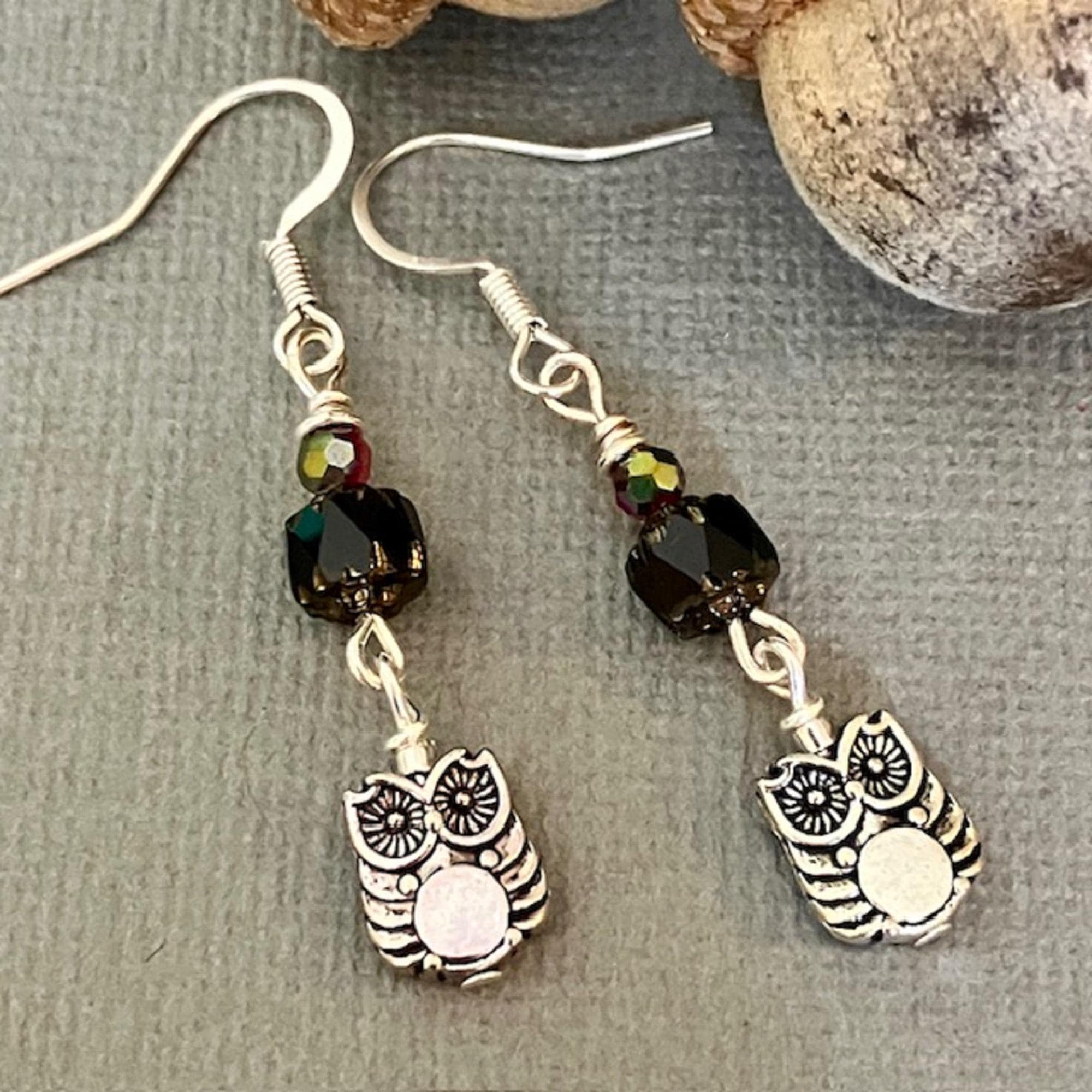 Silver Owl Earrings Dangle, Black and Silver Boho Owl Earrings, Nature Lover Earrings, Owl Jewelry, 