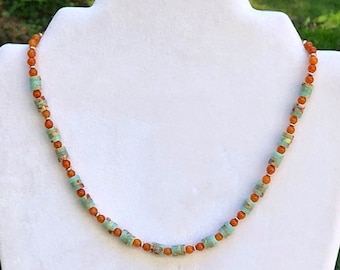 Short Heishi Bead Necklace, Choker Necklace, Colorful Mixed Stone Surfer Necklace, Orange Boho Necklace Earrings Set, Heishi Jewelry, Gift