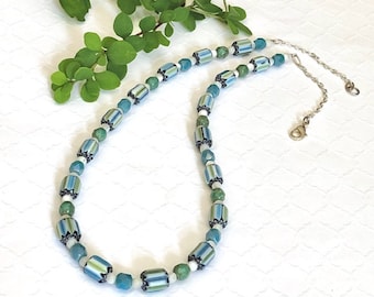 Green and Blue Glass Bead Necklace, Colorful White Blue & Green Necklace, Chevron Bead Casual Necklace, Handmade Mothers Day Gift for Mom,