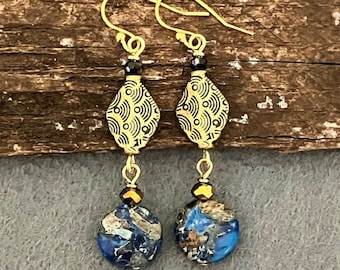 Long Blue & Gold Dangle Earrings, Boho Geometric Earrings, Bohemian Statement Earrings, Modern Casual Earrings, Handmade Jewelry Gift Her