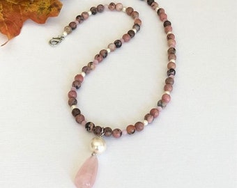 Beaded Rhodonite Necklace with Pearl and Rose Quartz Pendan, Gemstone Bead Boho Pendant Necklace, Womens Jewelry, Mothers Day Gift for Mom