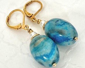 Blue Gemstone Earrings, Dangle Agate Earrings Gold Lever Back, Chunky Blue Stone Earrings, Statement Earrings, Drop Earrings, Womens Gifts