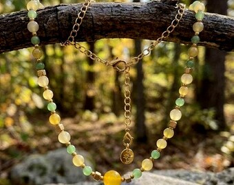Yellow Agate Green Aventurine Beaded Gemstone Necklace, Gold Accents, Handmade Womens Jewelry