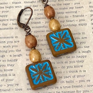 Czech Glass Earrings with Square Starburst Bead Drop, Copper Lever Back, Brown Blue Compass Star, Long Boho Dangles