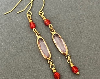 Long Sleek Gold Dangle Earrings, Red and Gold Earrings, Blush Earrings, Boho Chic Sophisticated Earrings, Lightweight Artisan Earrings, Gift